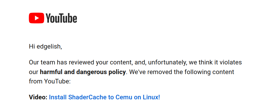YouTube removal message